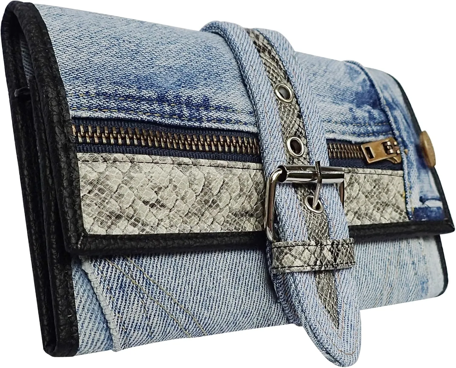 Upcycling Bifold Denim Wallet Decorated Snake skin PU leather Zipper and Buckle Accents Long Wallet Clutch Purse for Women (Black and White)