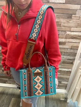 Wrangler Southwestern Print Cross Body Canvas Mini Tote in Turquoise